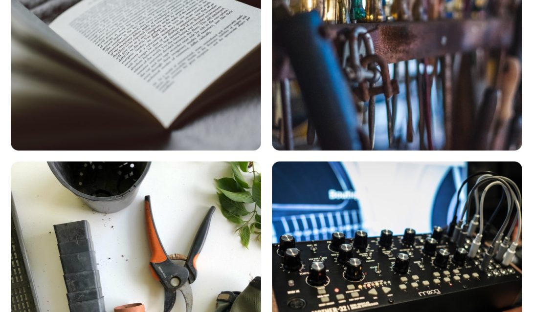 Collage of Bible, Tools, Gardening Supplies, Electronic Music Synthesizer